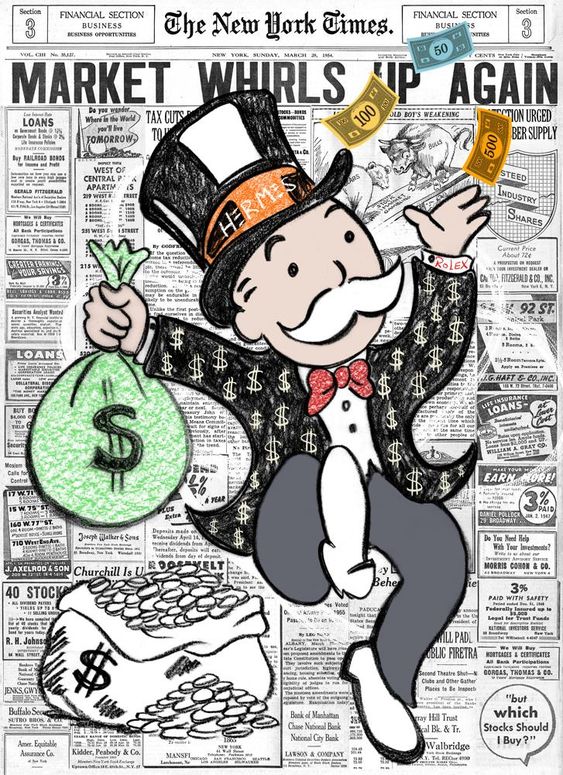 Cover: a tycoon in a top hat dancing over a wall of newspaper headlines, money bags in hand